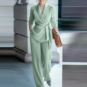 Women’s Elegant Belted Suit | Solid Green Blazer & Trousers Set | Office Chic